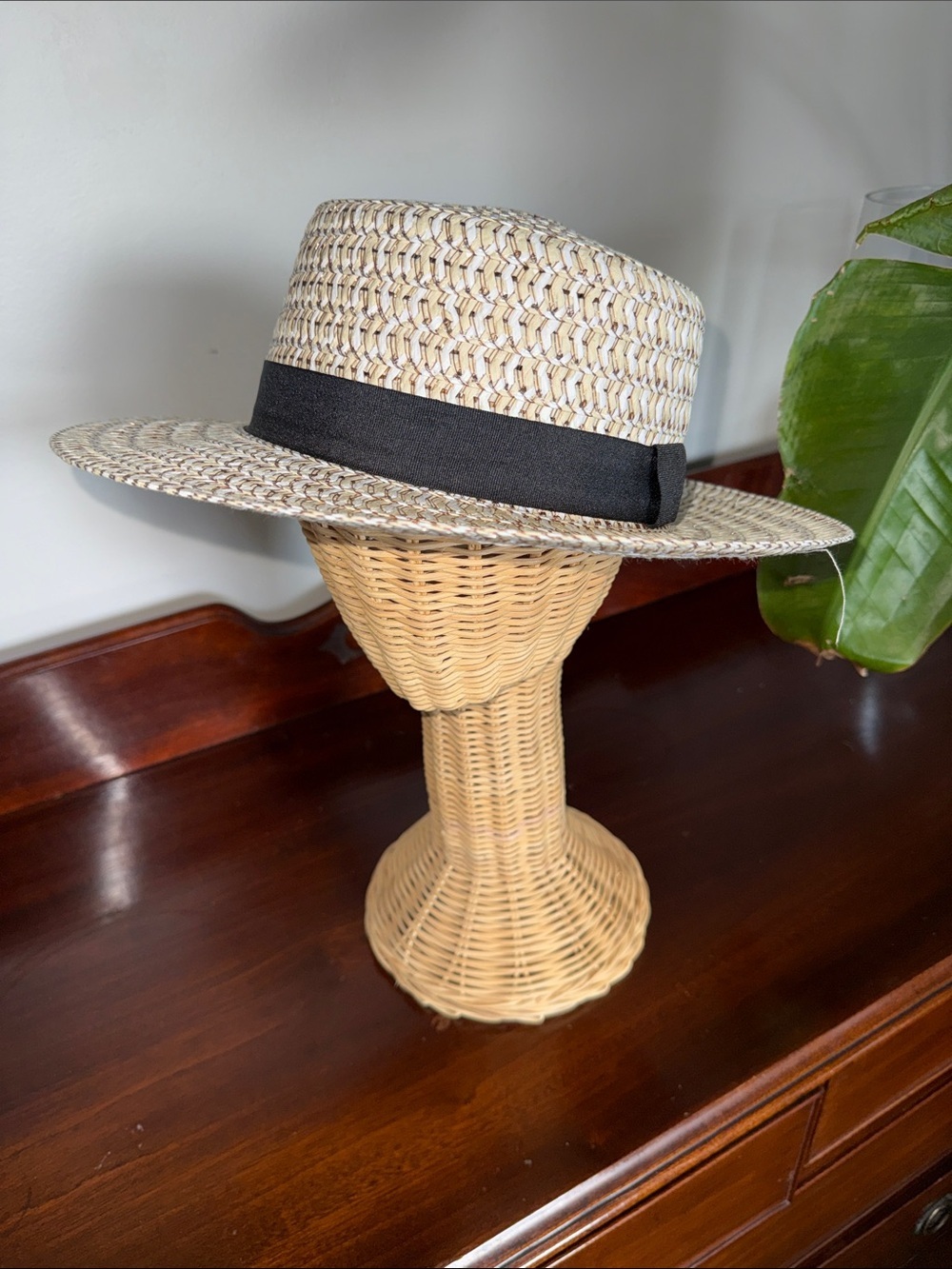 Beautiful Woven Straw Boater Hat with Black Band